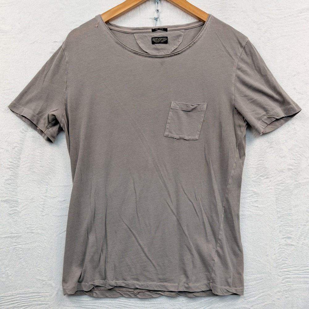 AllSaints T-Shirt Men's Large Gray Faded Island SS Crew Pocket Distressed Grunge